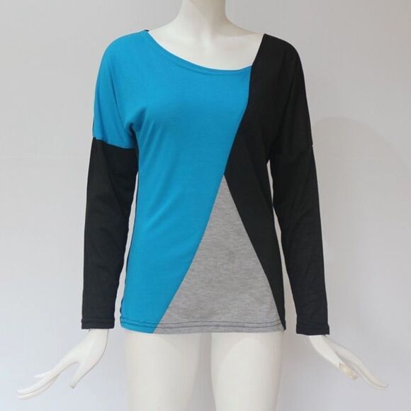 long sleeve tee shirt in a patchwork contrasting design lightweight and casual - Picture 3 of 3